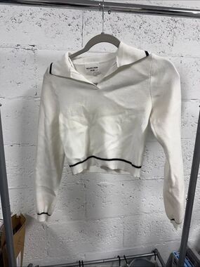 Cream Cropped Knit Collared Sweater Trim WILLOW & WIND - Small Long Sleeve